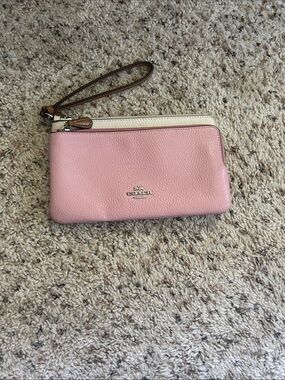 Coach Pink and Cream Leather Wristlet with Brown Strap